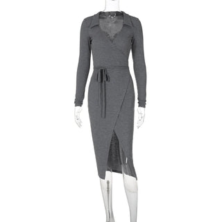 Turnover collar long sleeve slit self tie midi dress