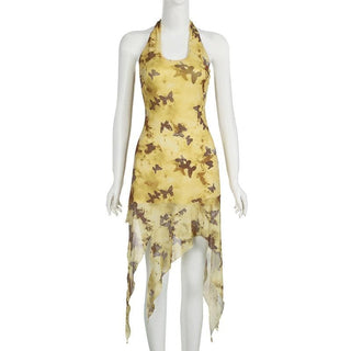 Halter butterfly print ruffle irregular midi dress