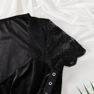 Short sleeve lace velvet patchwork bodysuit