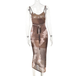 Tie dye ruched mesh self tie cami midi dress