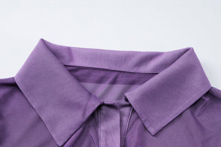 Turnover collar long sleeve ruched button mesh top
