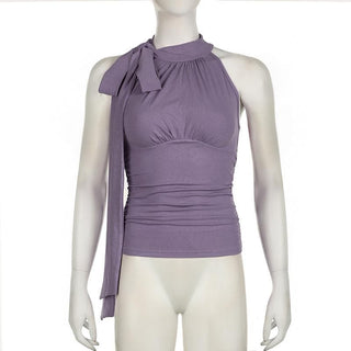 Sleeveless high neck knotted ruched top