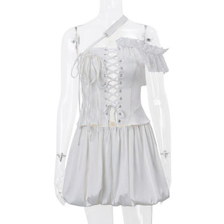 One off shoulder irregular lace up satin ruffle puff skirt set