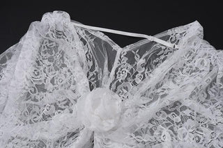 Long puff sleeve lace see through flower applique backless crop top