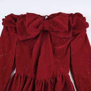 Off shoulder long sleeve beaded bowknot mini dress