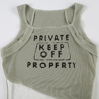Square neck letter print stitch irregular tank top