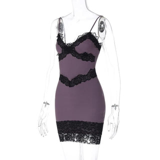 Lace hem patchwork v neck zip-up cami mini dress