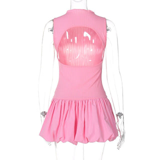 Sleeveless high neck ruched ribbed mini dress