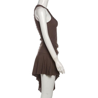 Irregular ruched drawstring buckle tank mini dress