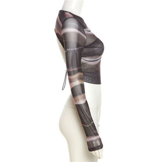 Long sleeve crewneck mesh backless crop top