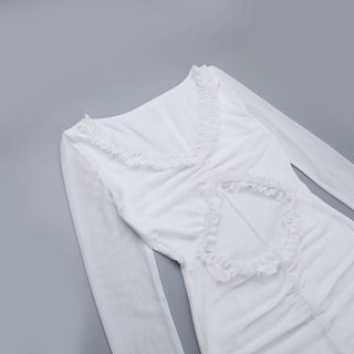 Hollow out long sleeve ruched ruffle mesh cut out maxi dress