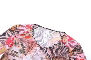 V neck long sleeve sheer mesh self tie print top