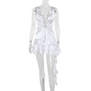 Ruffle deep V neck ruched irregular solid mini dress