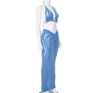 Halter knitted drawstring self tie slit maxi skirt set