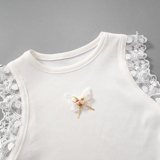 Lace hem ribbed butterfly applique top