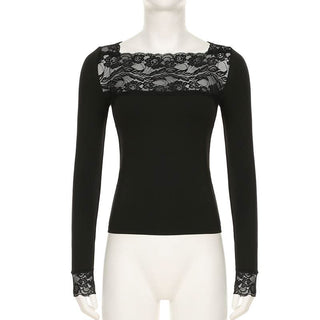 Long sleeve lace hem square neck solid top