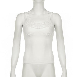 Halter lace hem ruched self tie cami top