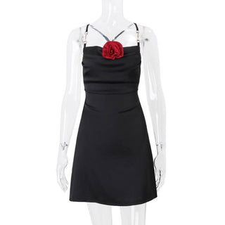 Cross back flower applique self tie mini dress