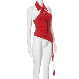 Halter turnover collar irregular button backless top