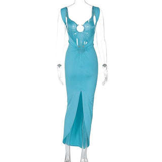 O ring ruched hollow out high slit cami cut out maxi dress