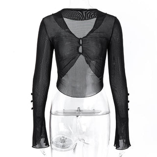Sheer mesh see through button hollow out long sleeve crop cut out top