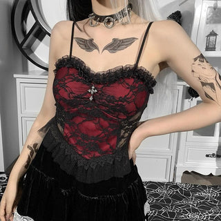 Sleeveless lace hem contrast spider web applique backless crop top