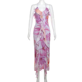 U neck print ruffle high slit cami midi dress