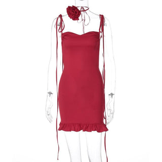 Rose applique ruched ruffle knotted cami mini dress