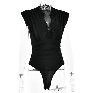V neck lace hem ruched solid bodysuit