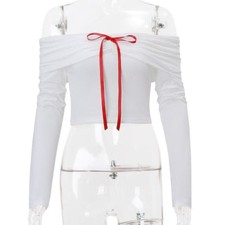 Long sleeve off shoulder bowknot ribbon top