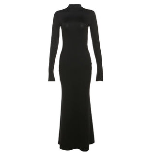 Backless high neck long sleeve solid maxi dress
