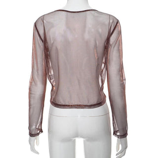 Long sleeve v neck drawstring ruched mesh top