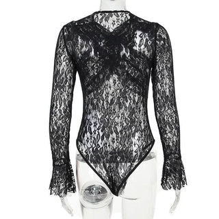 Long flared sleeve lace cross front bodysuit