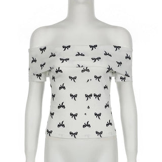 Off shoulder bowknot ribbed print top