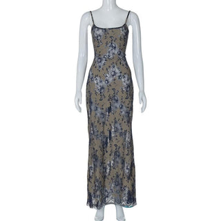Lace backless lace up ribbon cami maxi dress