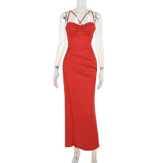 Cowl neck bustier lace up high slit cami maxi dress