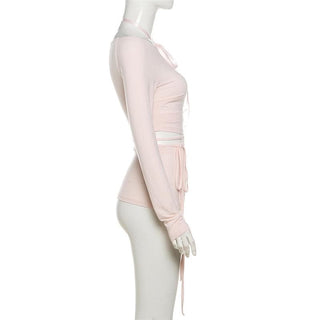 Long sleeve halter ribbon round neck top