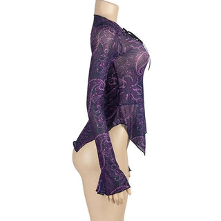 Long flared sleeve print lace up irregular sheer mesh ruffle top