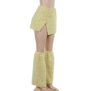 Fluffy slit leg warmer solid mini skirt