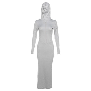Hoodie long sleeve zip-up ribbed solid maxi dress