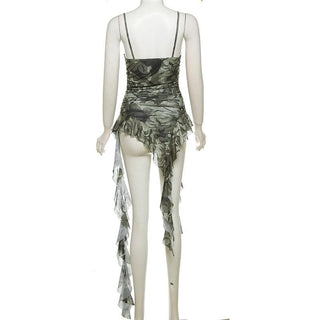 Camouflage ruffle irregular ruched cami top