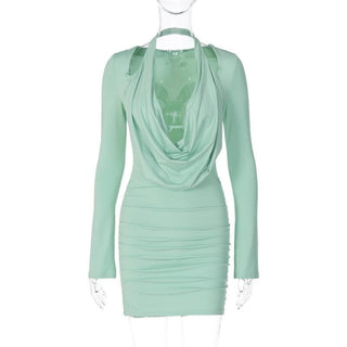 Long sleeve cowl neck halter solid mini dress