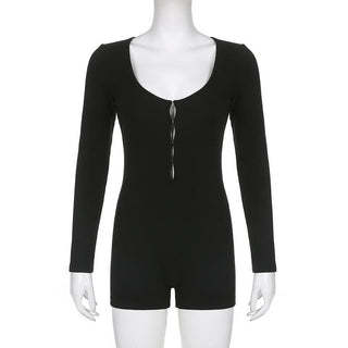 Long sleeve solid button u neck hollow out romper