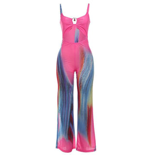 Hollow out print backless u neck low cut cami jumpsuit