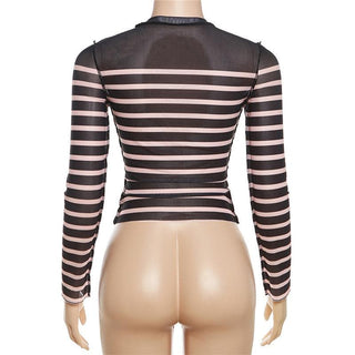 Striped long sleeve contrast sheer mesh see through top