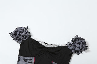 Short puff sleeve leopard print lace hem romper