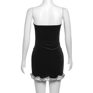 Ruffle velvet stitch ruched backless contrast tube mini dress