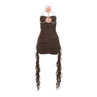 Halter self tie ruched flower applique backless mini dress