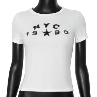Short sleeve ruched letter pattern top