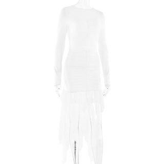 Long sleeve crewneck lace backless ruched midi dress